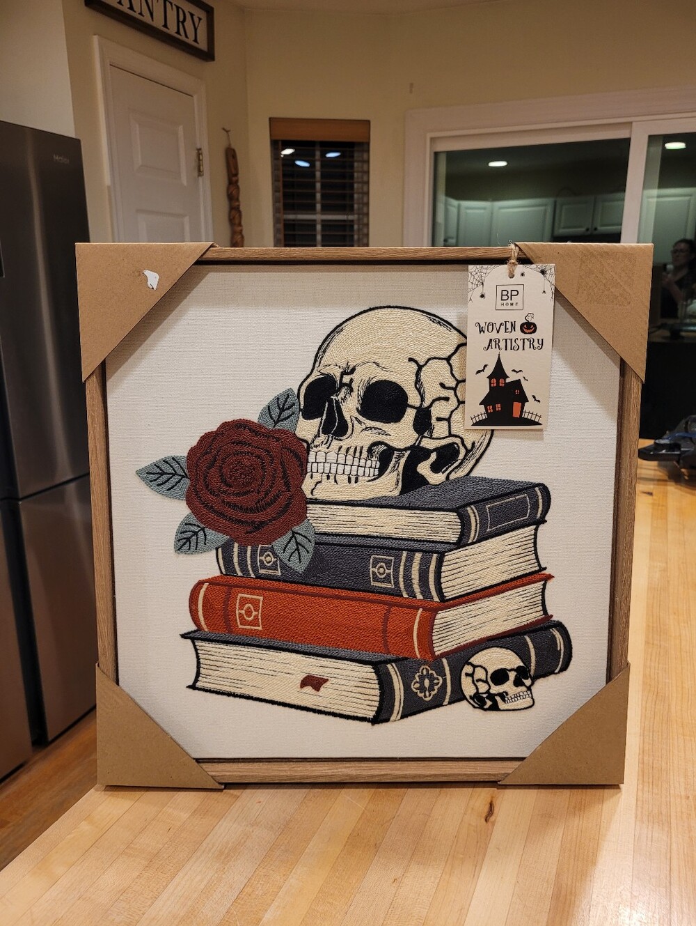 BP Home Embroidered Red Rose & Skull Book Stack Framed Wall Art Halloween Decor